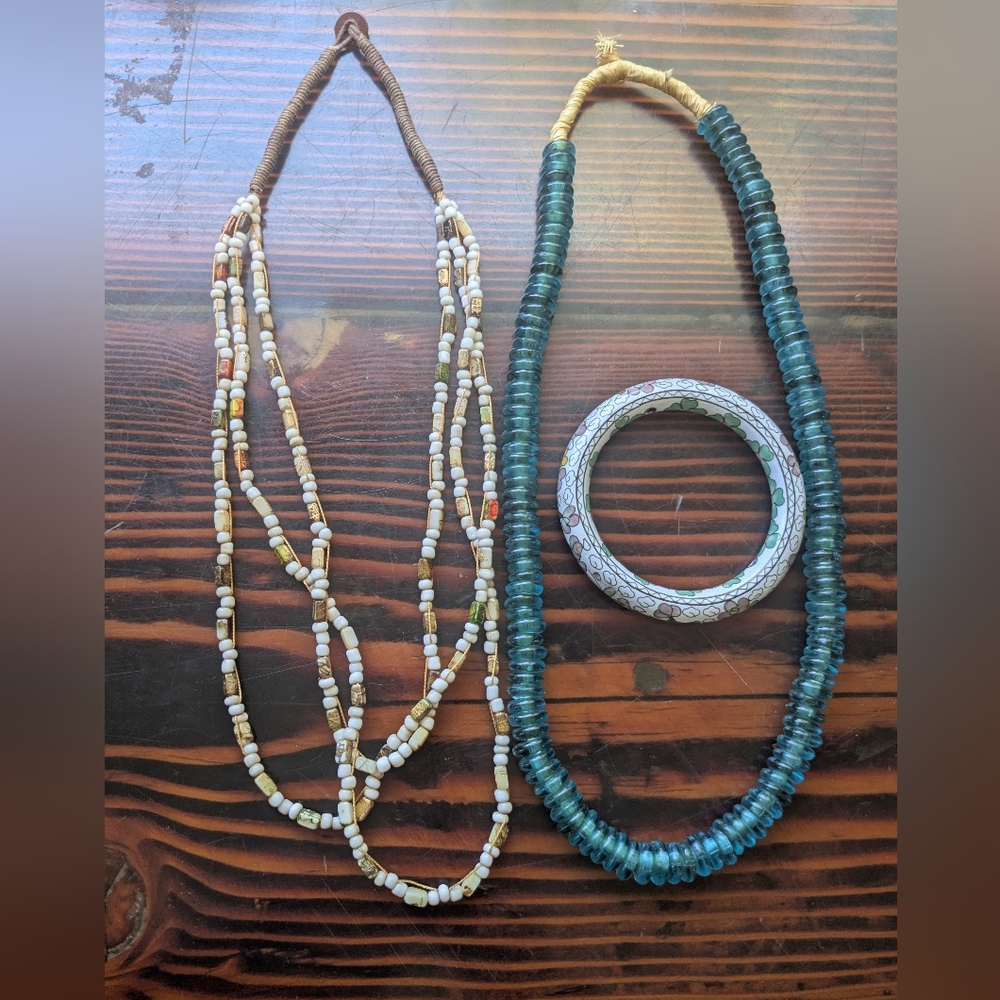 Boho Beaded Jewelry Set – African Glass, Stone Beads & Ceramic Floral Bangle